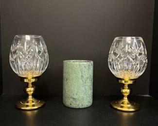 Lot 4679 Waterford Crystal Brass Hurricane Candle Lamps