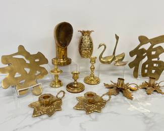 Lot 4542 Brass Candlestick Holders Swans Pineapple More Chinese Hanging Trivets Ship AS