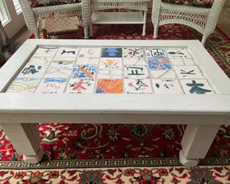 Lot 4953 Mahjong Vibes Montessori Folk Art Style Hand Painted Tile Coffee Table