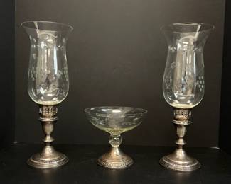 Lot 4680 Vintage Empire Sterling Silver Etched Glass Hurricane Candle Holders Duchin Creation Sterling Silver Glass Candy Dish