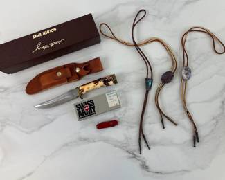 Lot 4689 Schrade Uncle Henry Golden Spike Knife Scabbard Classic Swiss Army Knife Bolo Ties