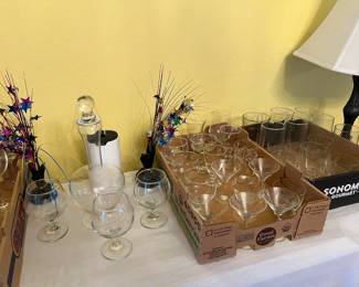 Glassware: decanter, wine glasses, martini glasses, etc.