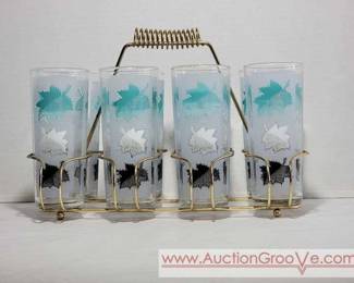 1 b8 MCM Libbey Turquoise, White and Black Frosted Drinking Glasses with Caddy