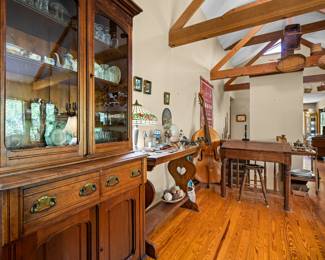 Vintage China Cabinet & Oak Sofa Table.  Photo by: Ginger Snapper Photography.