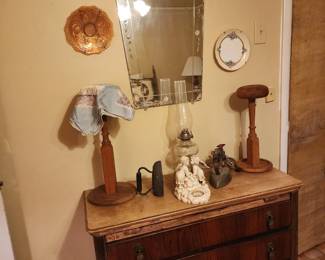 Antique Hat stands - Antique mirror- Antique irons- Antique oil lamps- Antique 2 drawer Sideboard 