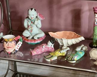 Asian figures, frames and vases