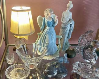 Lladro lady figure, lead Crystal items, Val St Lambert Glass