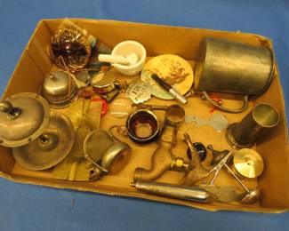 Lot 115. Collectible metal/brass smalls including a dolphin hose bibb, cigarette holder/lighter, and more