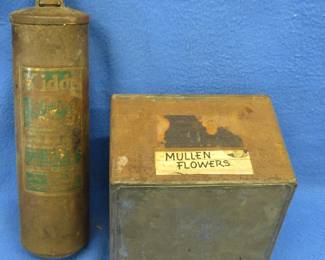 Lot 273. Kiddie fire extinguisher and a sealed tin of Mullen flowers