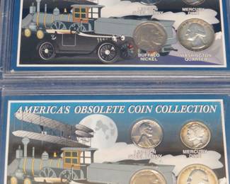 Lot 403. Two "America's Obsolete Coin Collection" sets each including a silver Mercury dime and Washington quarter, steel penny and Buffalo nickel.