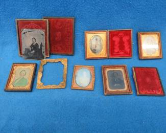 Lot 114. Six antique Tintype Daguerreotype photos and holders including hand-colored ones