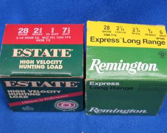 Lot 368. One box of 25 Estate 28-gauge 7 1/2-shot shotgun shells, and one box of 24 Remington 28-gauge 6-shot shotgun shells