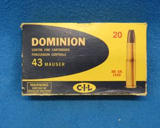 Lot 19. Twenty Dominion 43 Mauser 11mm rounds. 385 grain. Box is in very good condition. Ammunition for the rifle (not included) is being sold in lot #11.