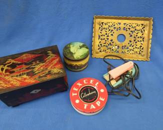 Lot 277. Cast brass filigree piece, Asian-themed jewelry box made in Japan, and other collectibles