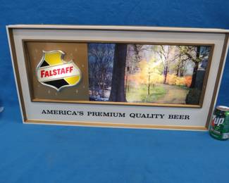Lot 13. Falstaff American Panorama backlit rolling scene light. Scenes changes from fall, winter, and summer in just under 8 minutes. 32" x 16" x 4 1/2".