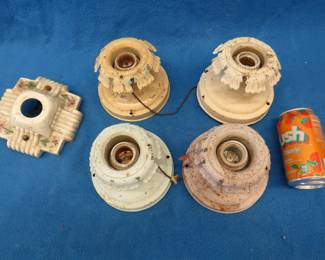 Lot 280. Five vintage light fixtures. Four matching metal and one porcelain.