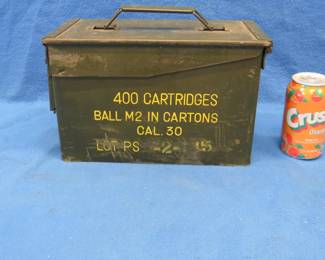 Lot 309. Locking lid metal ammo can with 60 rounds of 30-06 and over 80 casings with spent primers.