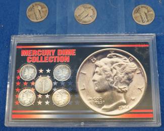 Lot 401. Mercury Dime collection with five dimes and three no date Standing Liberty Quarters