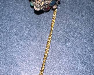 Vintage multicolored rhinestone necktie pin with chain
