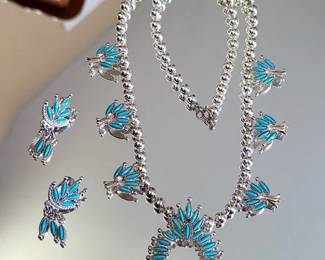 Turquoise Squash Blossom Style Necklace With Earrings