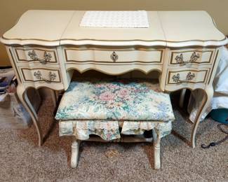 Vanity Table with Mirror and Upholstered Floral Stool