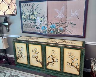 Mid Century Chinoiserie Console / Buffet and Hand Painted 4 Panel Screen