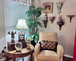 Arm Chair, Antique Round Table, Lamp, Statues, Candelabras And Decor