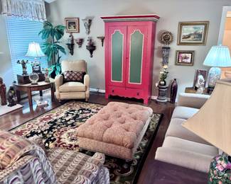 Gorgeous Furniture and Antique Knockdown Wardrobe (refinished in red and black), Power Recliner, Tufted Ottoman, Arm Chair, and Décor 