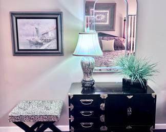 X Frame Bench, Oil Painting, Lamp, Mirror and Black Chest by Century
