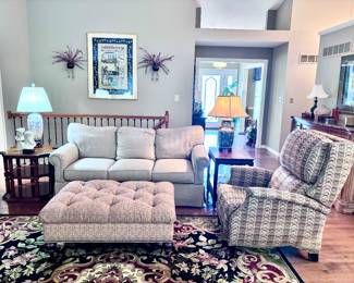 Grey Sofa by Taylor King, Electric Power Reclining Chair, Tufted Ottoman, End Tables, Lamps, and Décor 