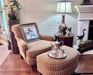 Chair and Ottoman, Tea Set, Lamp, and Décor 