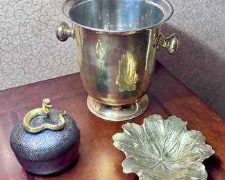 Brass Champagne Bucket, Snake Box and Brass Trinket Tray