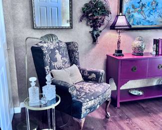Asian Inspired Arm Chair, Gold and Acrylic Table, Liquor Decanters and Brass Shell Floor Lamp