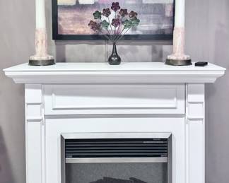 White Electric Fireplace, Lamps and Art