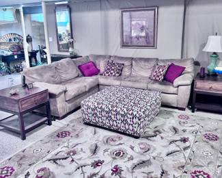 Sectional Sofa, Ottoman, 2 x End Tables by Carol House, Area Rug, Lamps and Decor