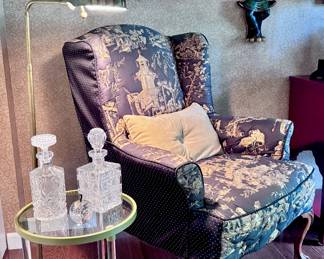 Asian Inspired Arm Chair, Gold and Acrylic Table, Liquor Decanters and Brass Shell Floor Lamp