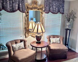2 x Brown Accent Chairs, Table, Lamp, Mirror, Pedestal and Décor 