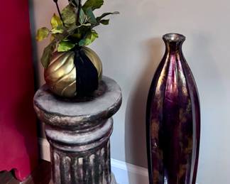 Pedestal, Vase and Faux Floral in Brass Planter