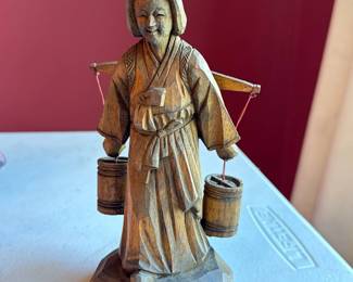 Vintage hand carved Wood figurine of Asian Water Carrier 