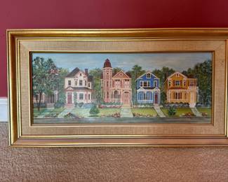 framed painting depicting a row of Victorian style houses by Patricia Welch 