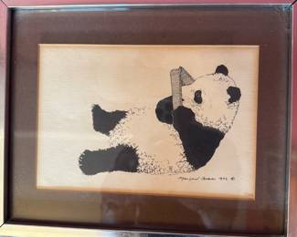 framed 1972 postcard titled "Ling-Ling Panda" Drawing from Life by Margaret Brown" 
