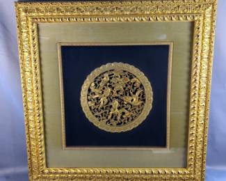 Framed Carved Giltwood Panel with Floral and Fish Motif