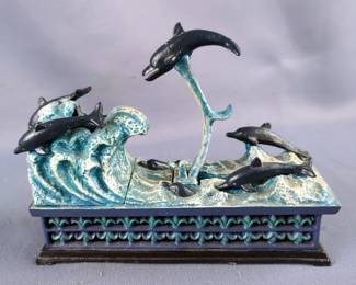 PuzzleMakers International Cast Iron Mechanical Dolphins Bank