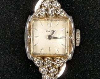Elgin 14K Gold And Diamond Ladies Wrist Watch With Mesh Band