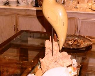 Artist signed wood crane sculpture, very large Nautilus shell