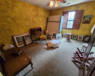 Secretary desk, pictures, coffee table