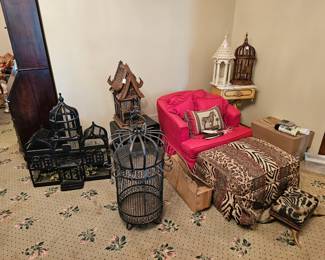 Vintage wrought iron bird cage, Ornate wood bird cage, Antique Triple dome bird cage
