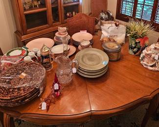 Pink Franciscan Fine China, Green Pottery Barn, Fitz and Floyd: Macaw, Santa and Holly Wreath, Yellow ware Large Butter Crock, Horn Spheres, Murano Christmas Tree
