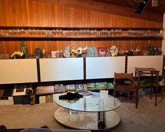 Wall of Items! Top shelf has Advertising BAR glasses from Wineries & Golf Courses the owner traveled to. The bottom of the shelf at the carpet under, are all of the boxes, please use them to keep your purchase safe. The Middle shelf has Original INUIT SOAPSTONE SCULPTURES & glasses PLUS Wood Chair & Pedestal Table - signed by Artist