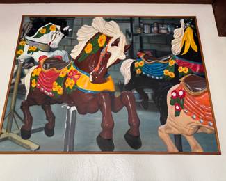 Cesar Santander Carousel Horses 49" X 37" Oil on Board - Airbrushed